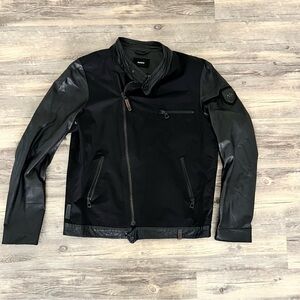 RUDSAK Black Mixed-Material Bomber Jacket with Leather Sleeves